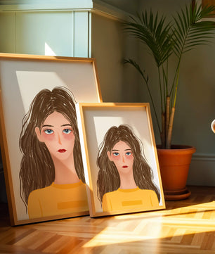 Illustrated portrait of a woman with long brown hair and expressive eyes