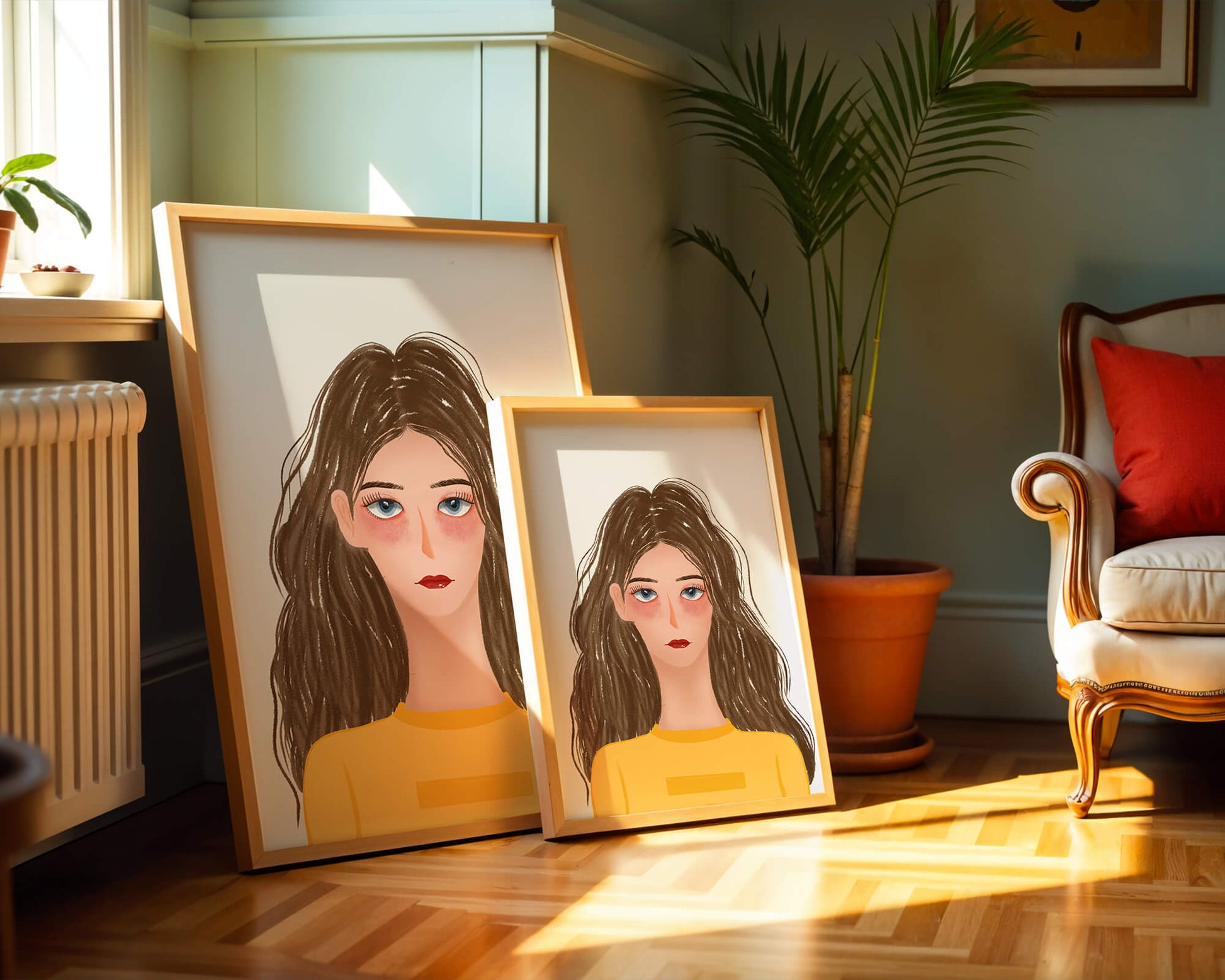 Illustrated portrait of a woman with long brown hair and expressive eyes