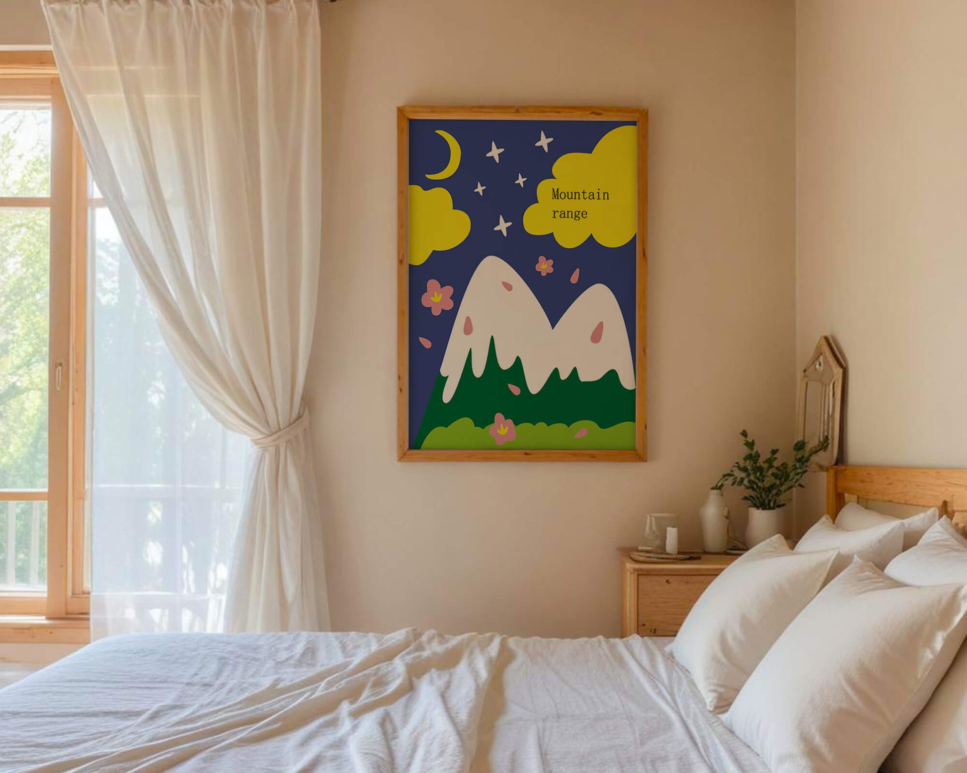 Stylized mountain landscape with starry night background and vibrant clouds