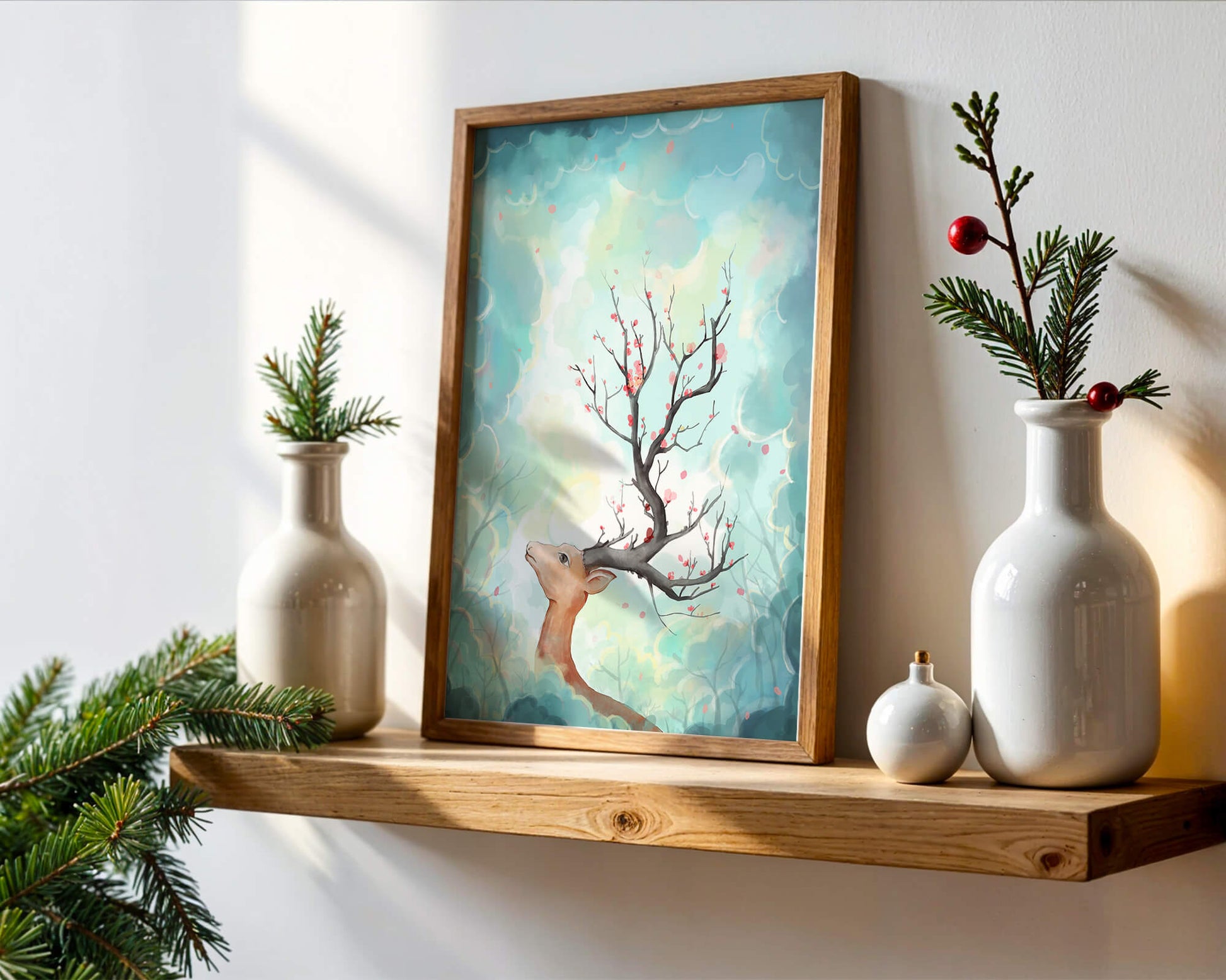 Surreal deer with branches for antlers in a pastel cloudy background