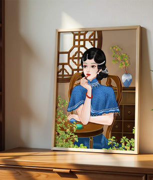 Elegant Woman in Traditional Chinese Setting with Blue Cape and Intricate Decor