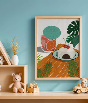 Tropical Dessert with Cherries and Refreshing Drink Under a Parasol