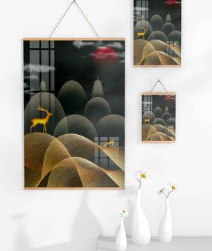 Golden Deer on Abstract Landscape with Red Sun and Pagoda