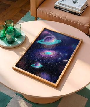 Colorful space illustration with planets and galaxy