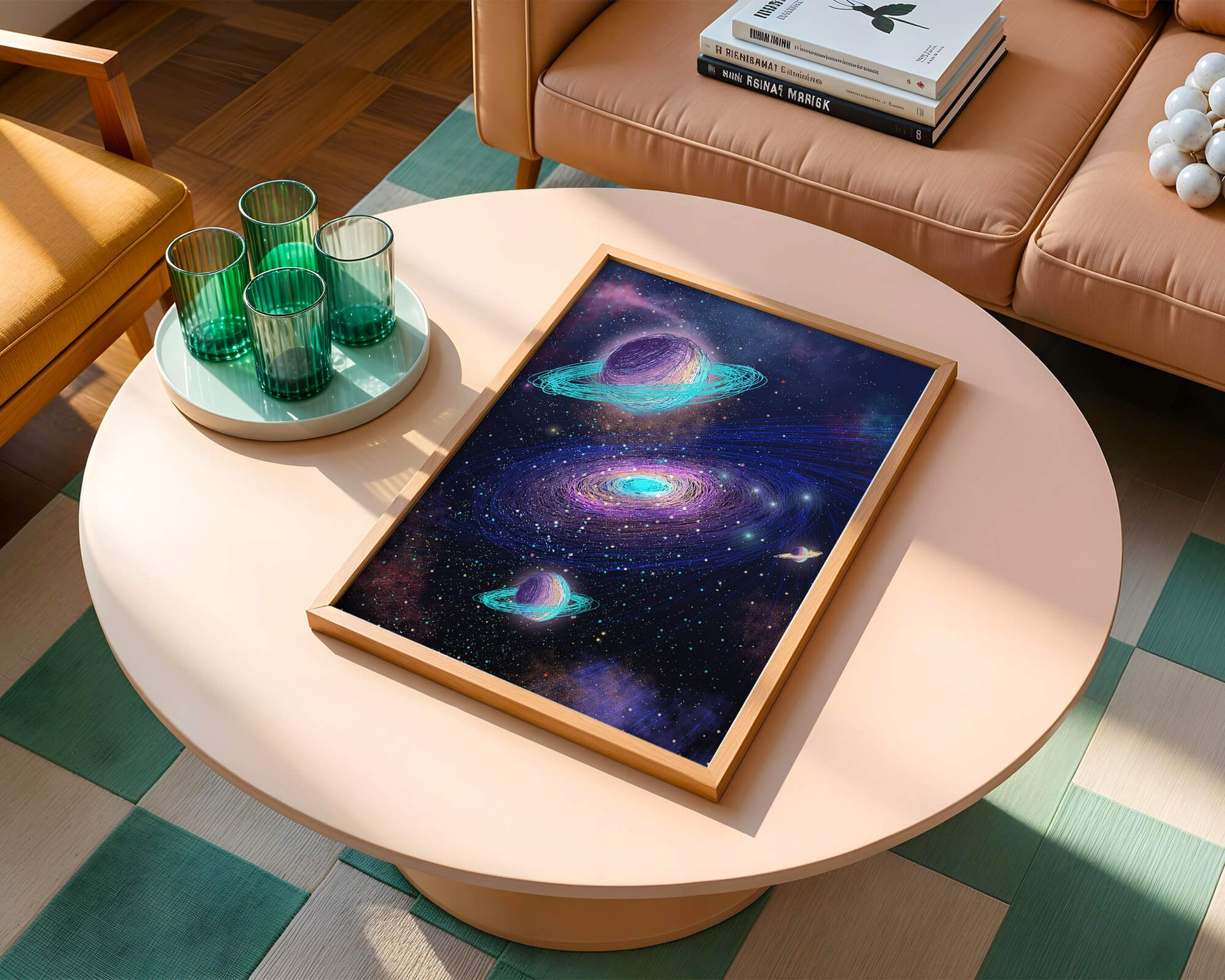 Colorful space illustration with planets and galaxy