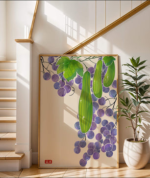 Ilustración de uvas y pepino con colores vibrantes y hojas