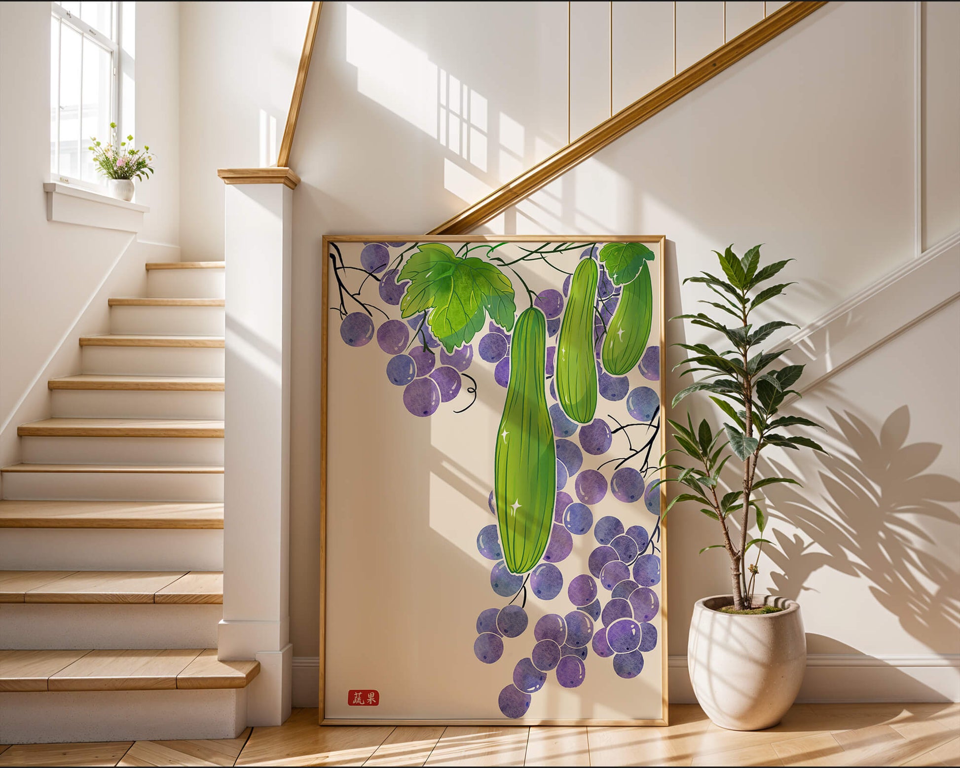 Ilustración de uvas y pepino con colores vibrantes y hojas