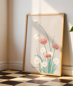 Delicate floral illustration with butterflies and wildflowers