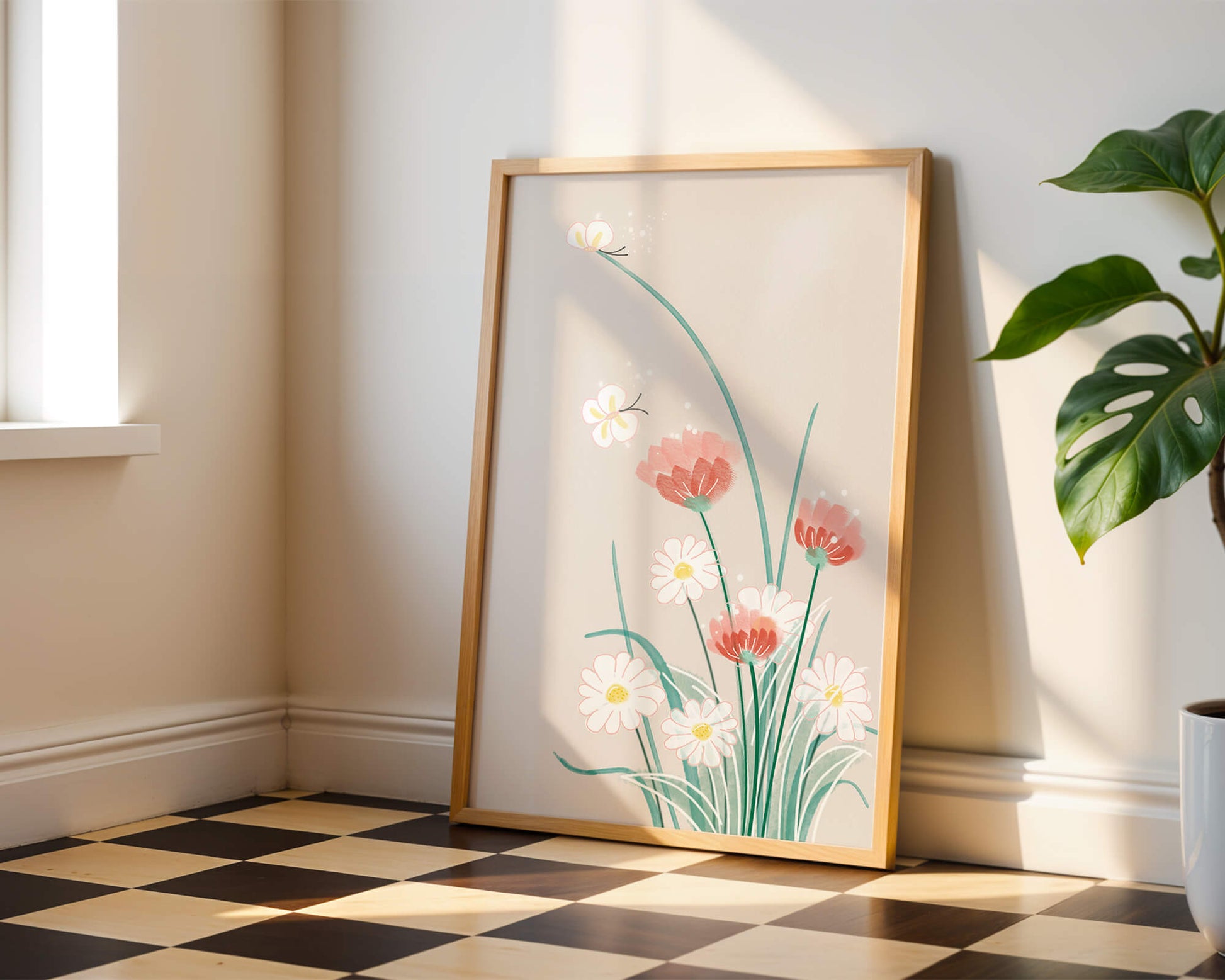 Delicate floral illustration with butterflies and wildflowers