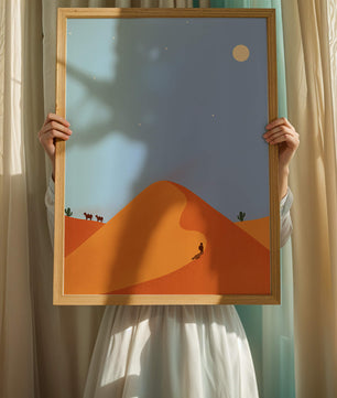 Serene desert landscape with dunes, camels, and a lone traveler under a starry sky