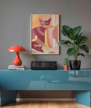 Abstract cat artwork with gold accents and colorful patterns