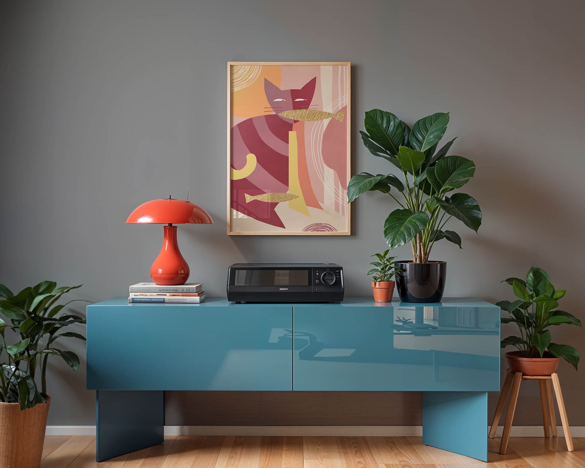 Abstract cat artwork with gold accents and colorful patterns