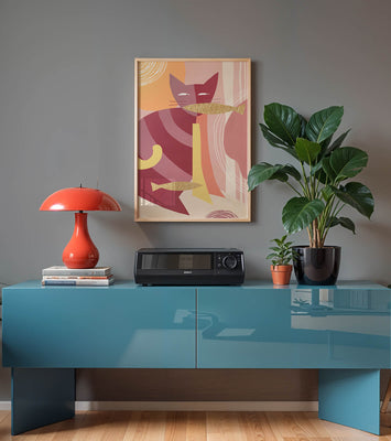 Abstract cat artwork with gold accents and colorful patterns
