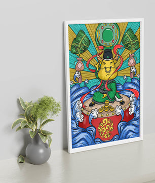 Colorful illustration of a mythical creature with traditional elements and vibrant colors