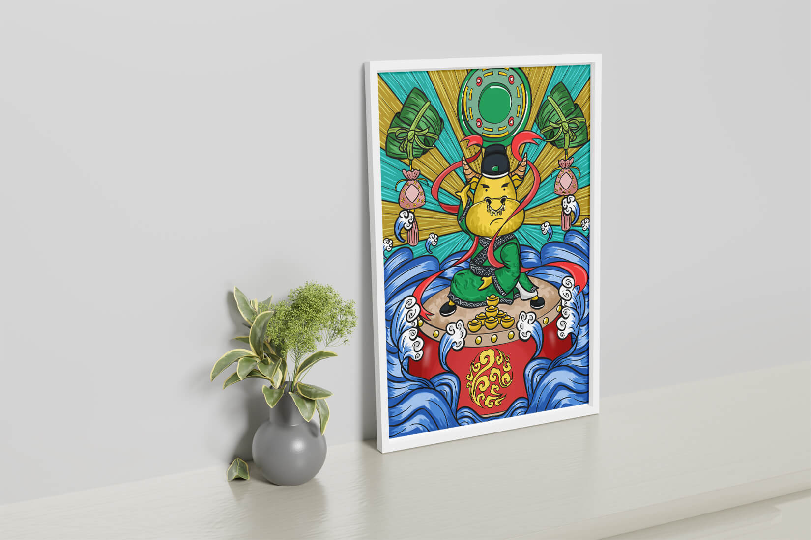 Colorful illustration of a mythical creature with traditional elements and vibrant colors