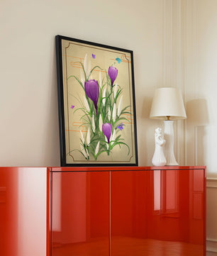 Elegant Crocus Flowers with Butterflies in a Delicate Frame