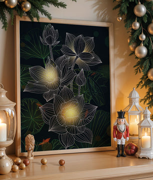 Lotus Flowers with Glowing Accents and Koi Fish Underwater