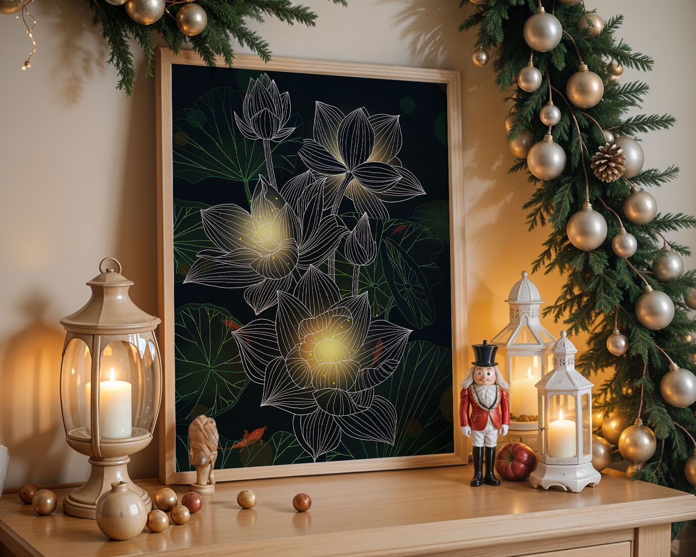 Flores de loto con detalles luminosos y peces koi bajo el agua