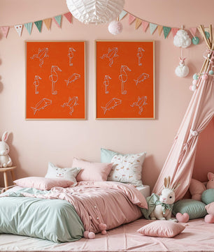 Geometrische Tiermuster auf leuchtend orangefarbenem Hintergrund