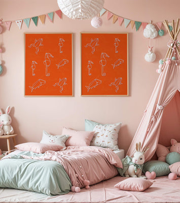 Geometric animal patterns on vibrant orange background