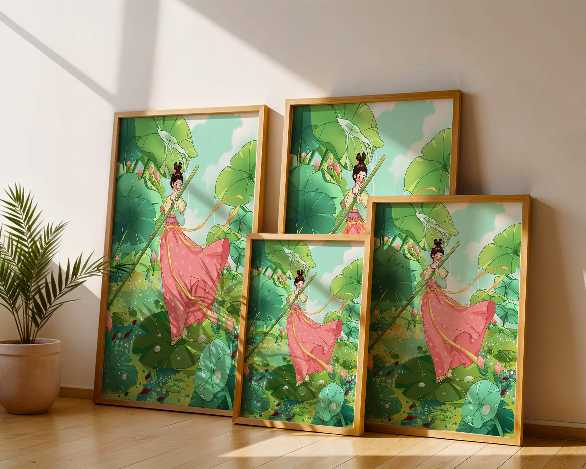 A whimsical scene of a girl in traditional dress among vibrant lotus leaves
