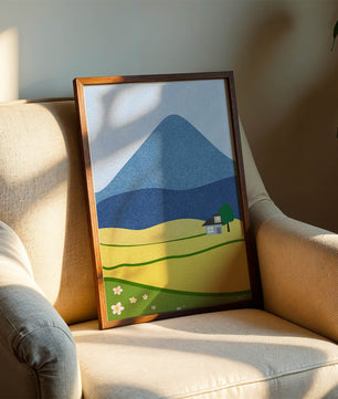 Serene Countryside Landscape with Mountain and Flowers