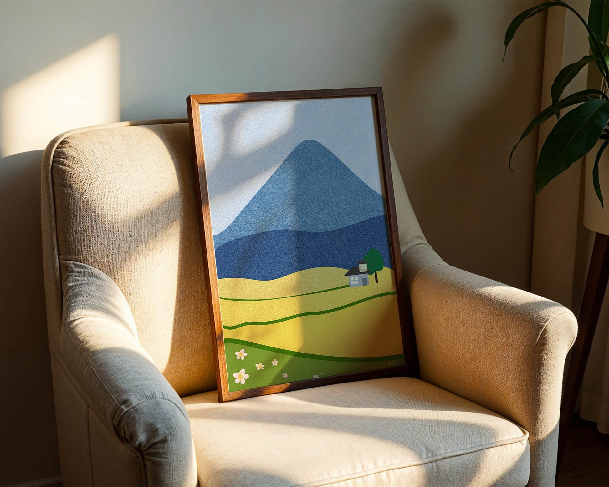 Serene Countryside Landscape with Mountain and Flowers
