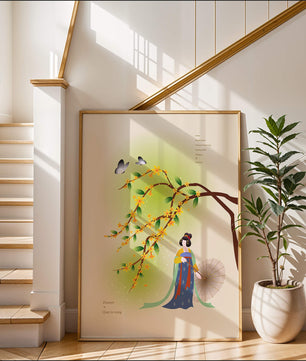 Traditional Chinese painting featuring a woman with flowers and butterflies
