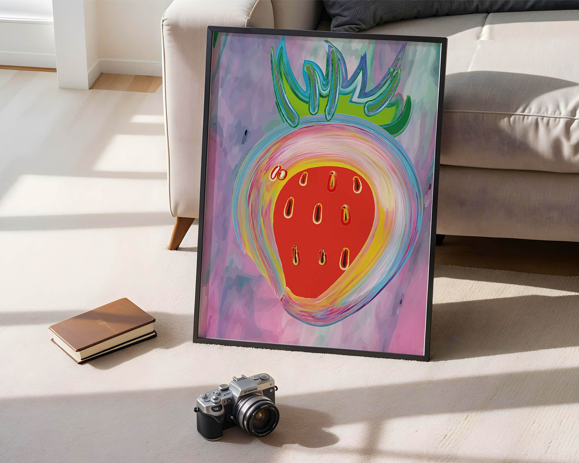 Colorful abstract strawberry with vibrant brush strokes