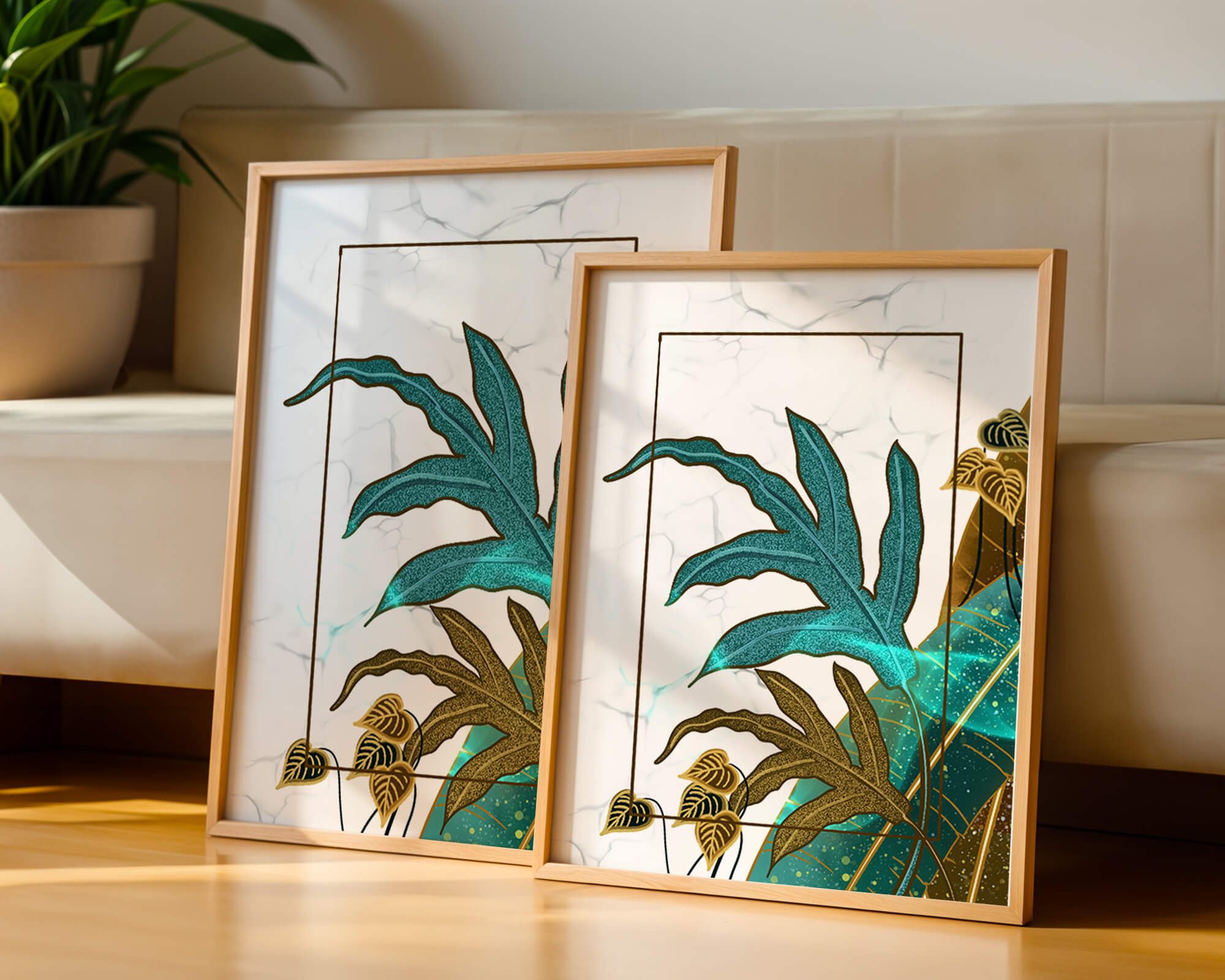Abstract botanical art with blue and gold leafy designs
