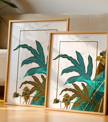 Abstract botanical art with blue and gold leafy designs