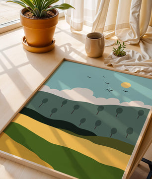Minimalist Landscape with Hills and Sun