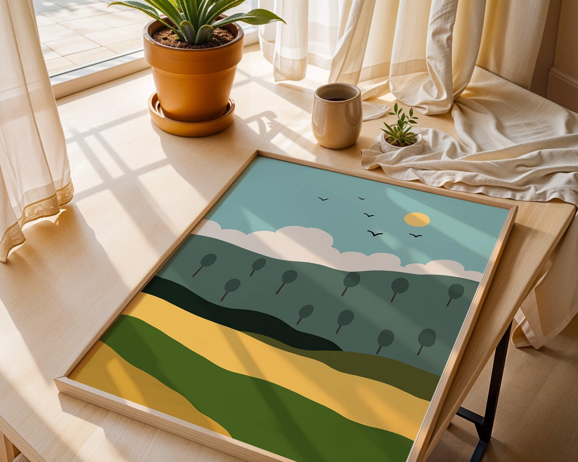 Minimalist Landscape with Hills and Sun