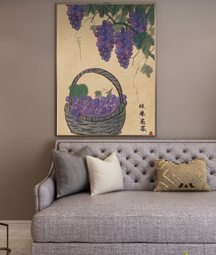 Basket Of Grapes With Vine Leaves In Traditional Style