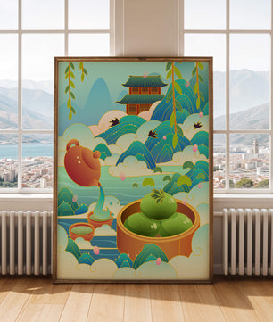 Paisagem serena com arquitetura tradicional e vegetação exuberante