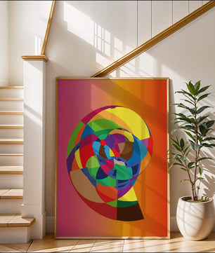 Vibrant abstract geometric shape with multicolored spiral on gradient background