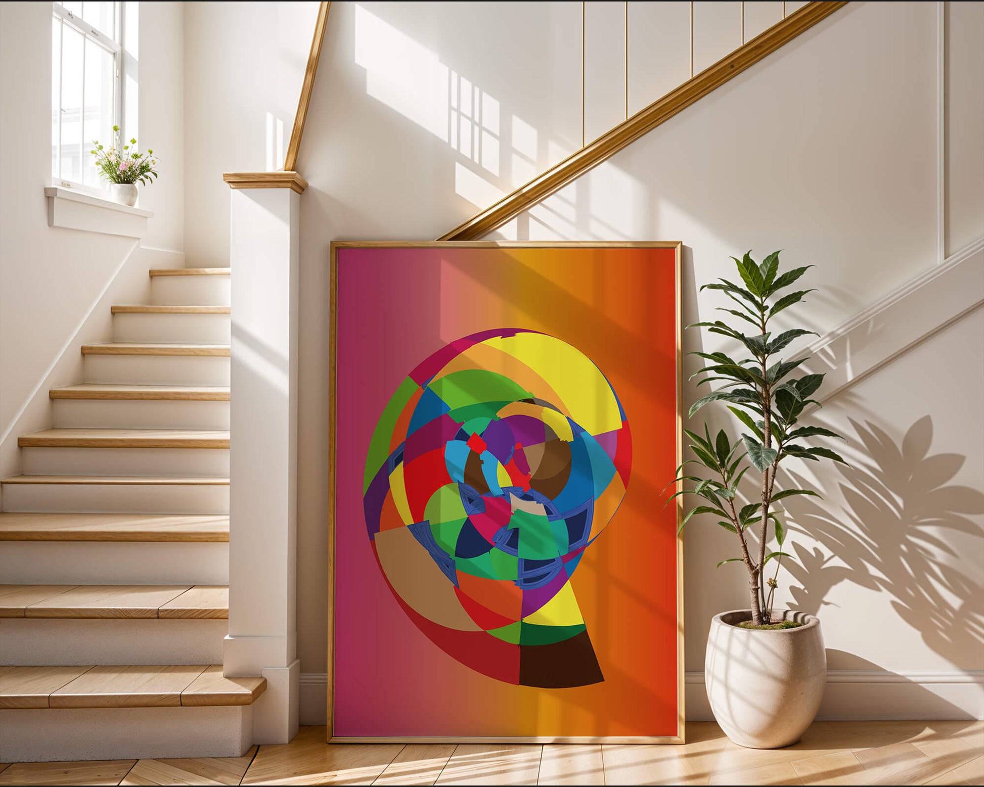Vibrant abstract geometric shape with multicolored spiral on gradient background
