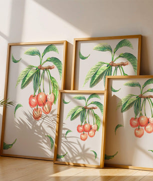Ilustración realista de rama de cerezo con hojas verdes