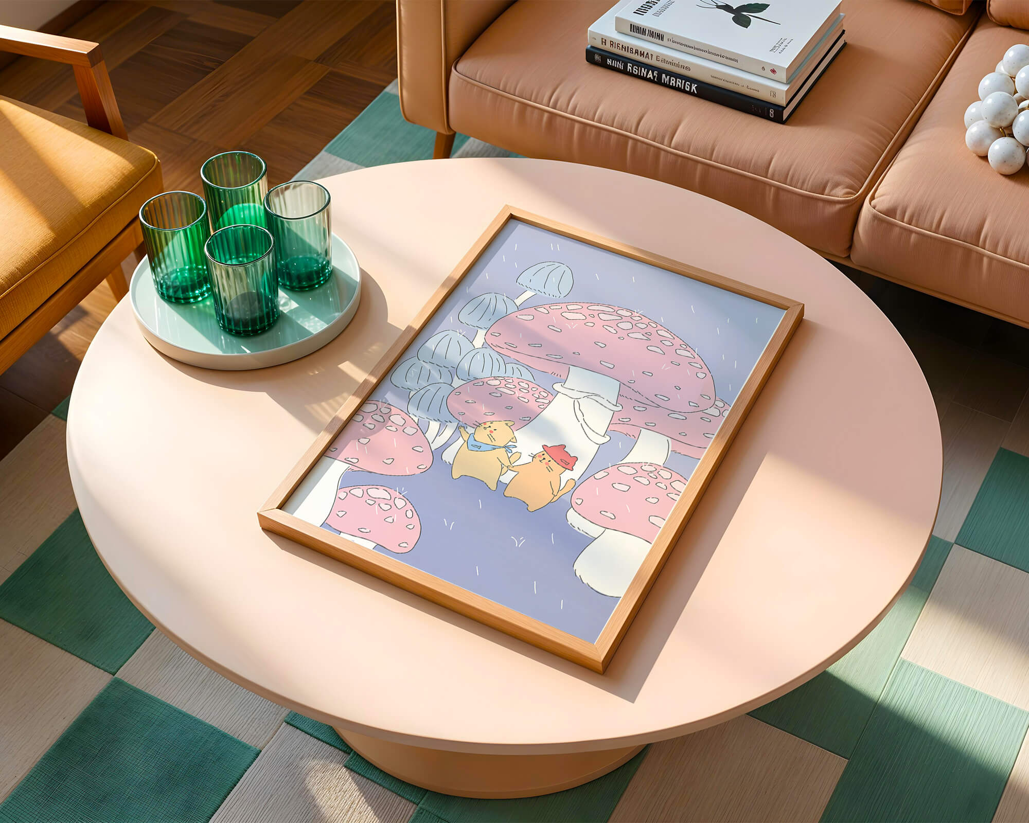 Charming illustration of cats among whimsical mushrooms