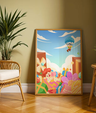 Colorful illustration with presents and children playing under a blue sky