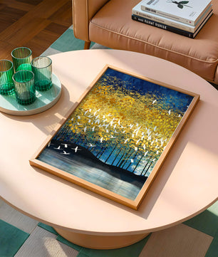 Vibrant Forest Landscape with Birds and Golden Leaves