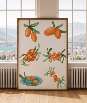 Ilustraciones de bayas de espino amarillo con hojas verdes