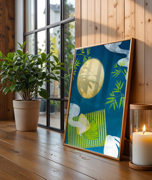 Moonlit night with bamboo and dumplings on a mat