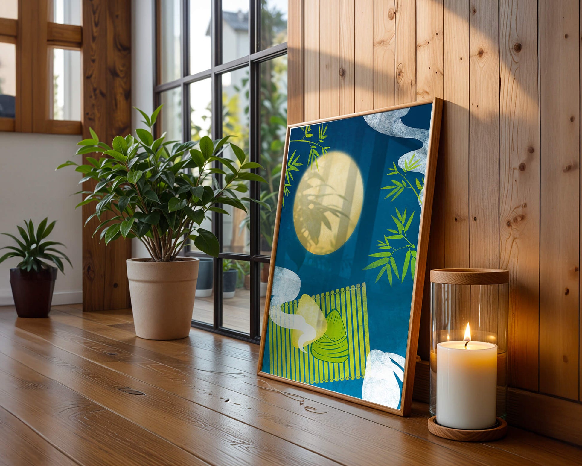 Moonlit night with bamboo and dumplings on a mat