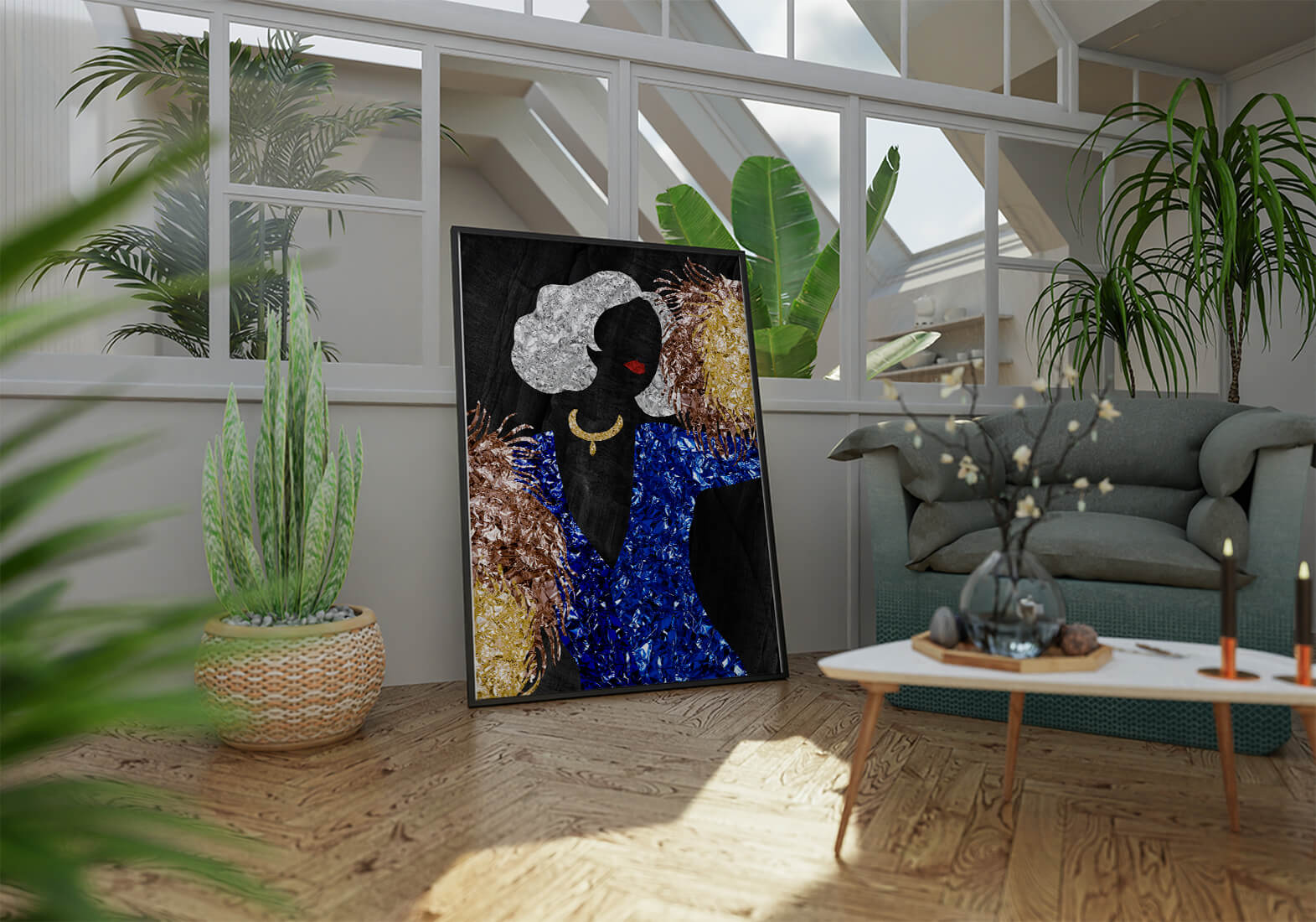 Abstract art with colorful foil textures and silhouette