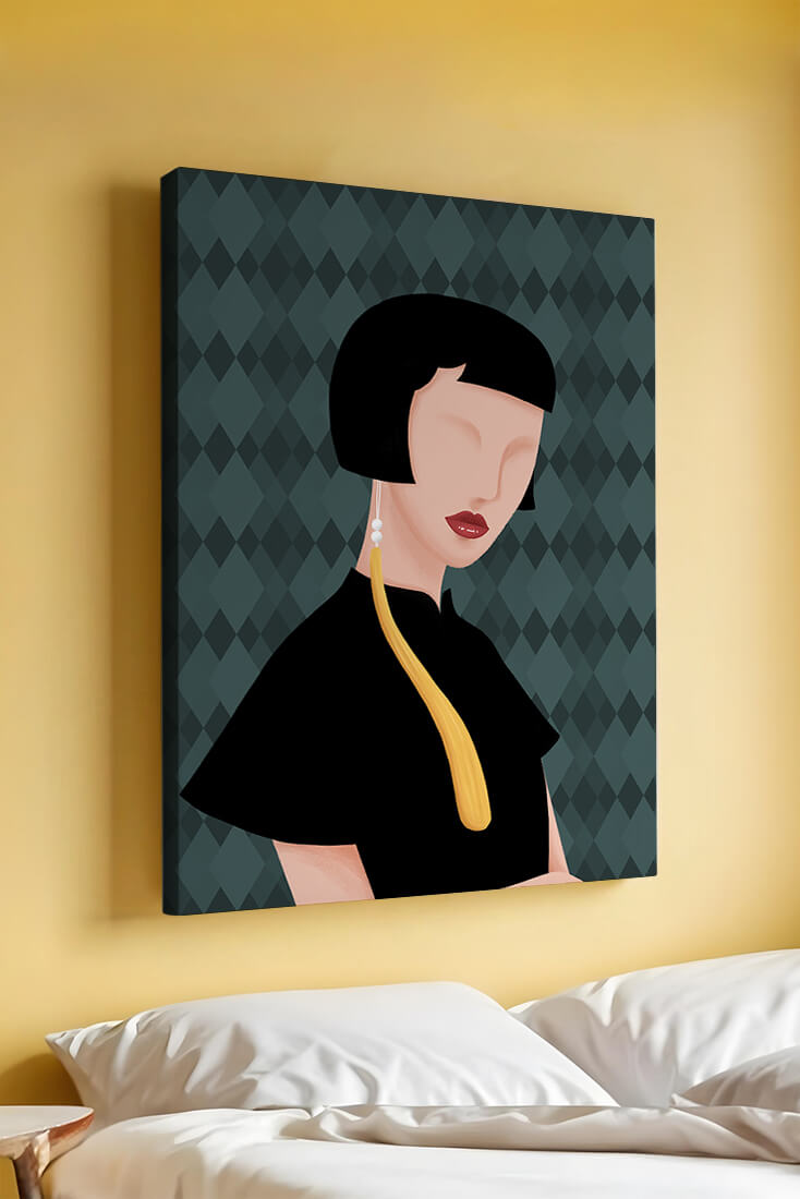 Elegant woman with short hair and golden earring on patterned background