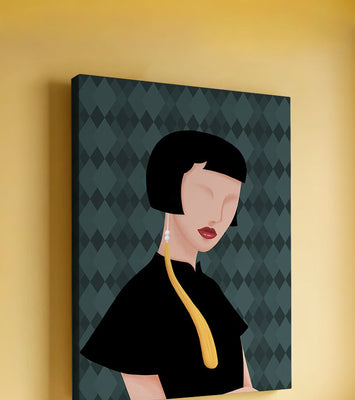 Elegant woman with short hair and golden earring on patterned background