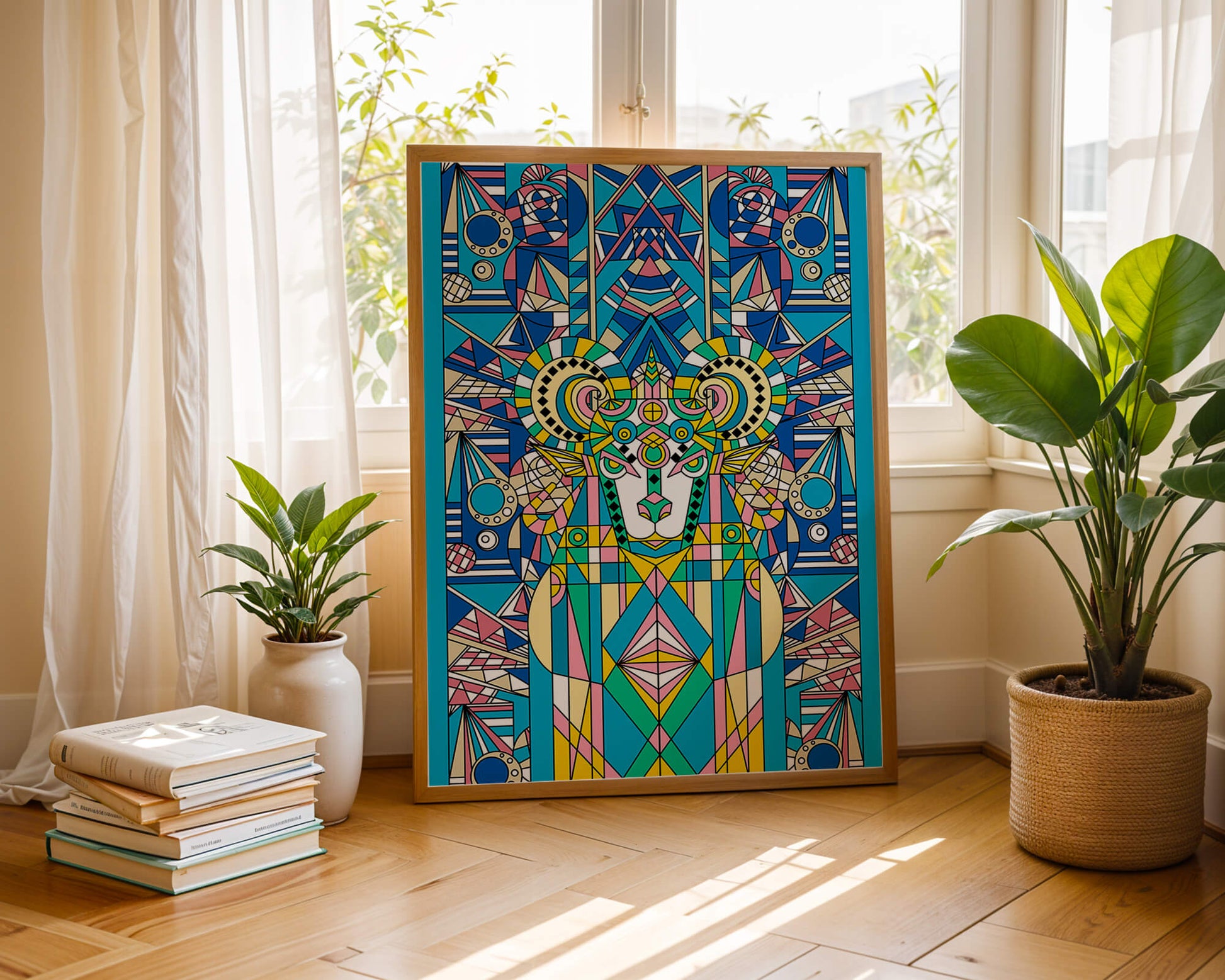 Diseño geométrico colorido de carnero con patrones simétricos