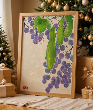 Ilustración de uvas y pepino con colores vibrantes y hojas