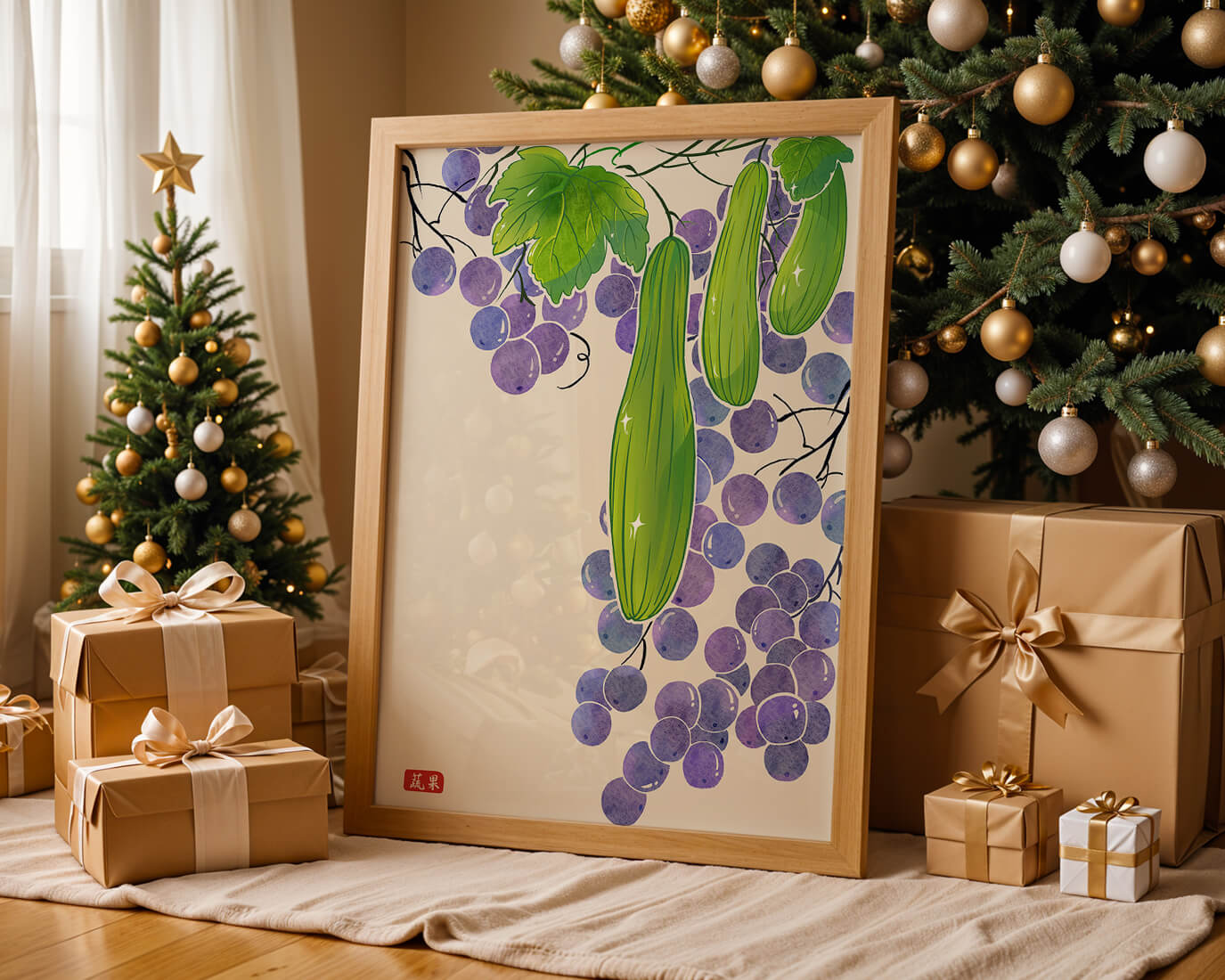 Ilustración de uvas y pepino con colores vibrantes y hojas